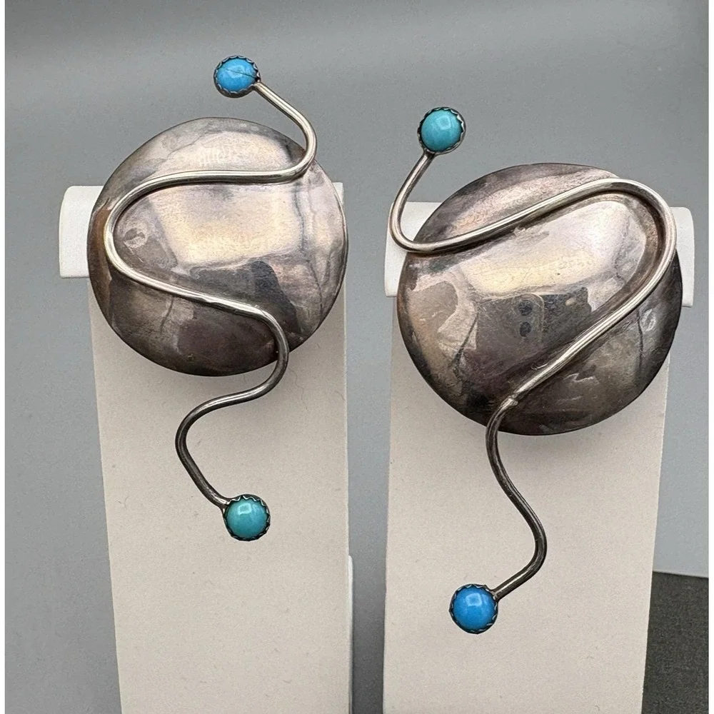 Vintage M.E. Friedman Clip On Earrings Sterling Silver Modernist Turquoise